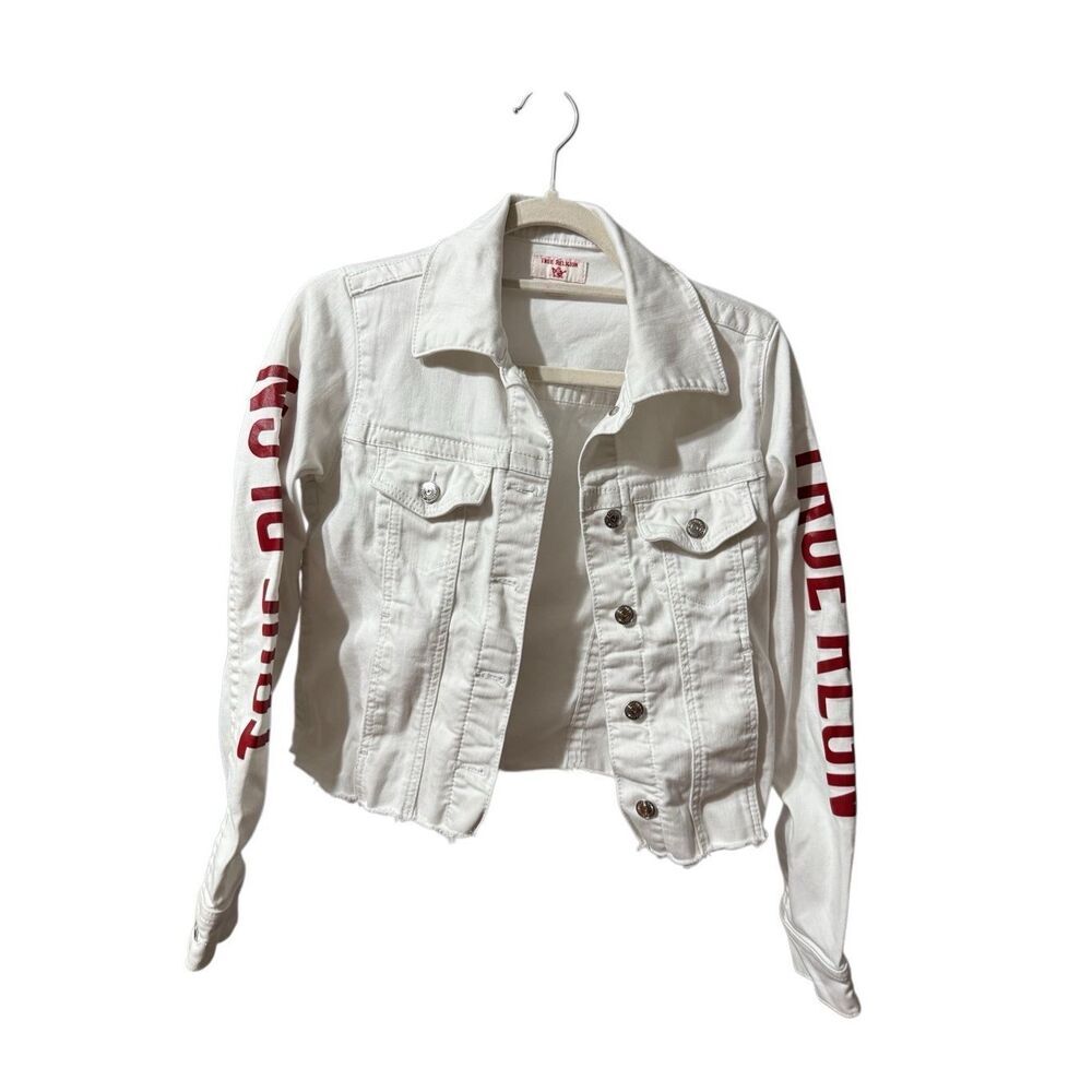 True‎ Religion Fashion trucker with Red Logo on Sleeves Sz XS White Jean Jacket